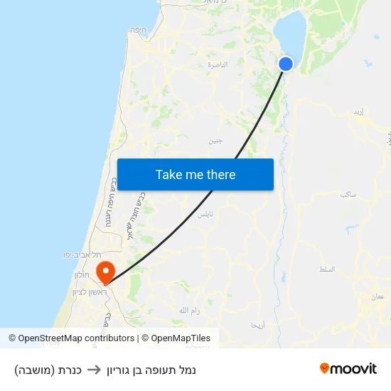 כנרת (מושבה) to נמל תעופה בן גוריון map