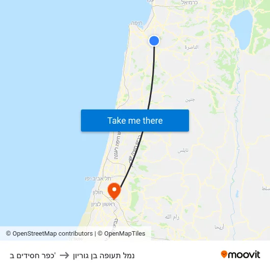 כפר חסידים ב' to נמל תעופה בן גוריון map
