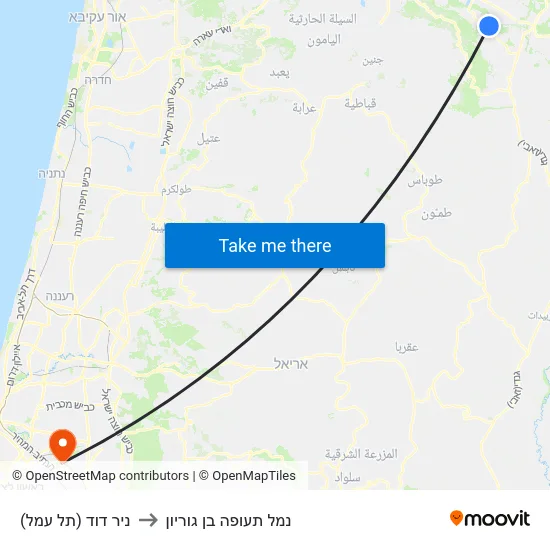 ניר דוד (תל עמל) to נמל תעופה בן גוריון map