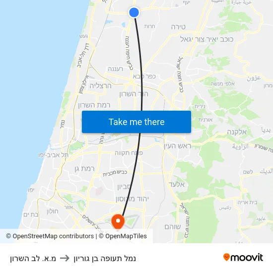 מ.א. לב השרון to נמל תעופה בן גוריון map