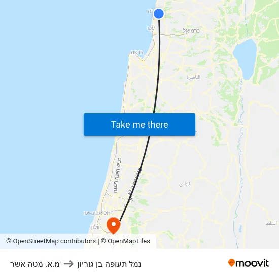 מ.א. מטה אשר to נמל תעופה בן גוריון map