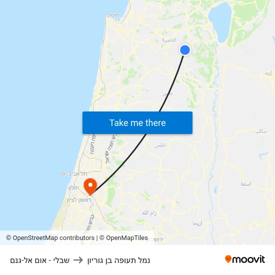 שבלי - אום אל-גנם to נמל תעופה בן גוריון map