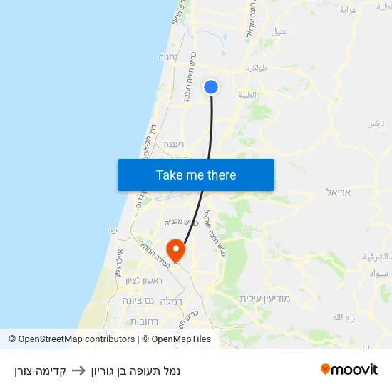 קדימה-צורן to נמל תעופה בן גוריון map