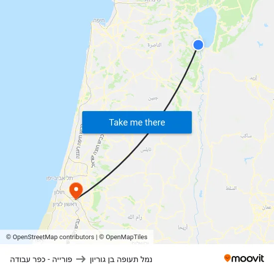 פורייה - כפר עבודה to נמל תעופה בן גוריון map