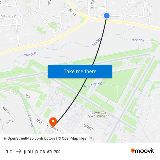 יהוד to נמל תעופה בן גוריון map