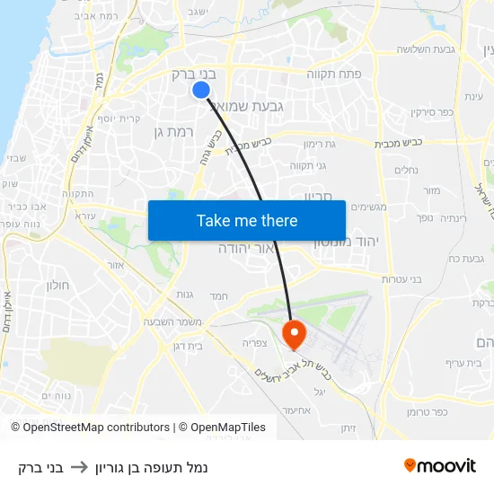 בני ברק to נמל תעופה בן גוריון map