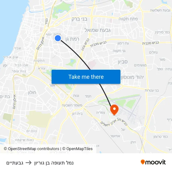 גבעתיים to נמל תעופה בן גוריון map