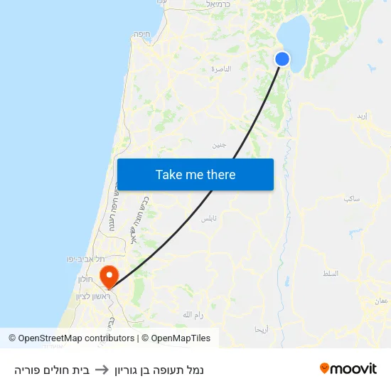 בית חולים פוריה to נמל תעופה בן גוריון map