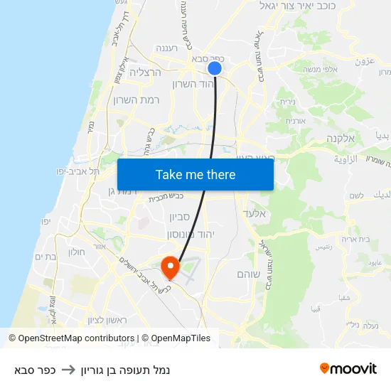 כפר סבא to נמל תעופה בן גוריון map
