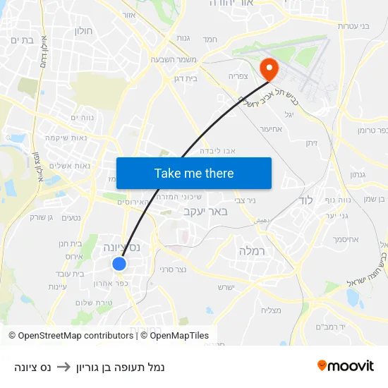 נס ציונה to נמל תעופה בן גוריון map