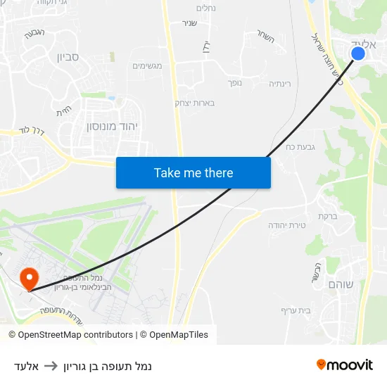 אלעד to נמל תעופה בן גוריון map