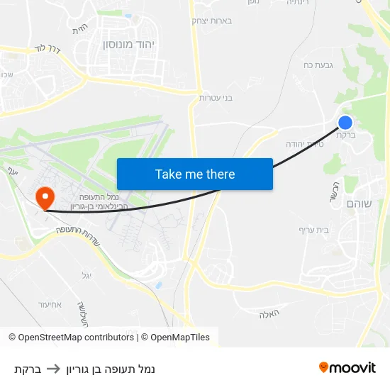 ברקת to נמל תעופה בן גוריון map