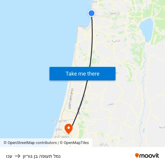 עכו to נמל תעופה בן גוריון map