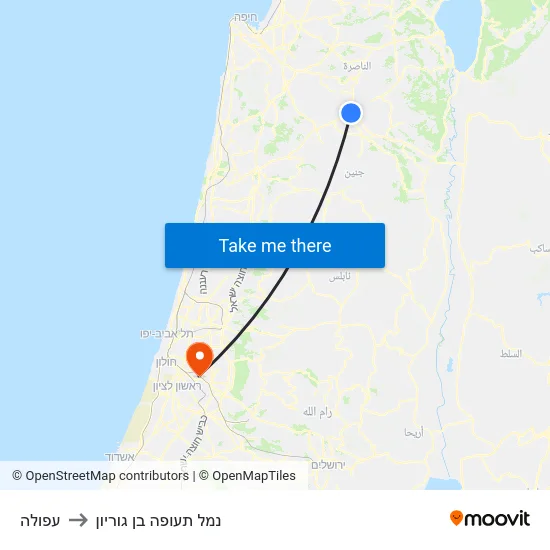 עפולה to נמל תעופה בן גוריון map