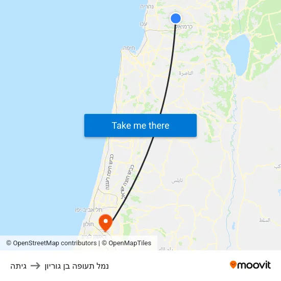 גיתה to נמל תעופה בן גוריון map