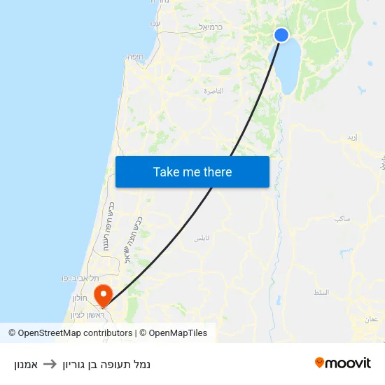 אמנון to נמל תעופה בן גוריון map