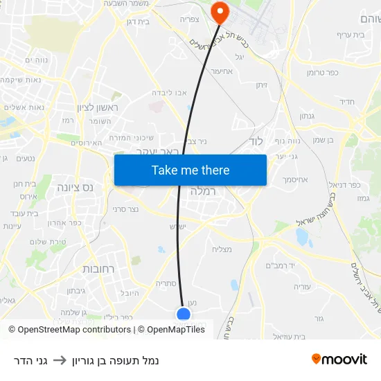 גני הדר to נמל תעופה בן גוריון map