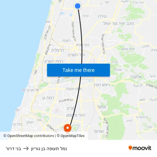 בני דרור to נמל תעופה בן גוריון map