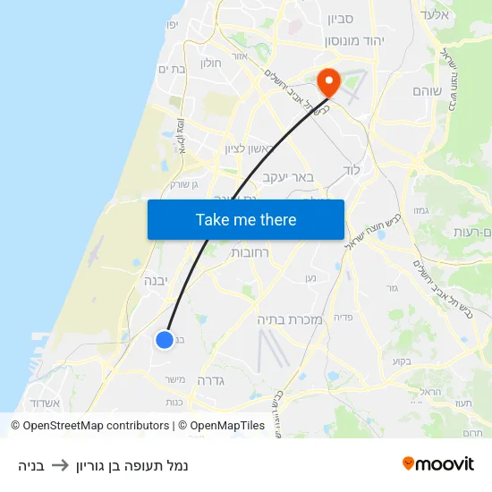 בניה to נמל תעופה בן גוריון map