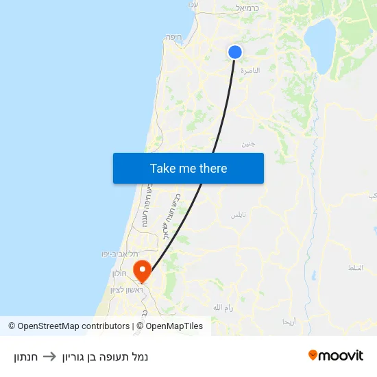 חנתון to נמל תעופה בן גוריון map