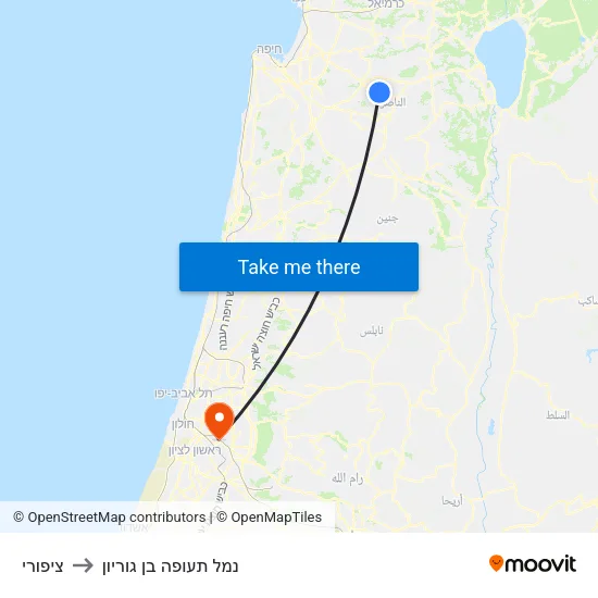 ציפורי to נמל תעופה בן גוריון map
