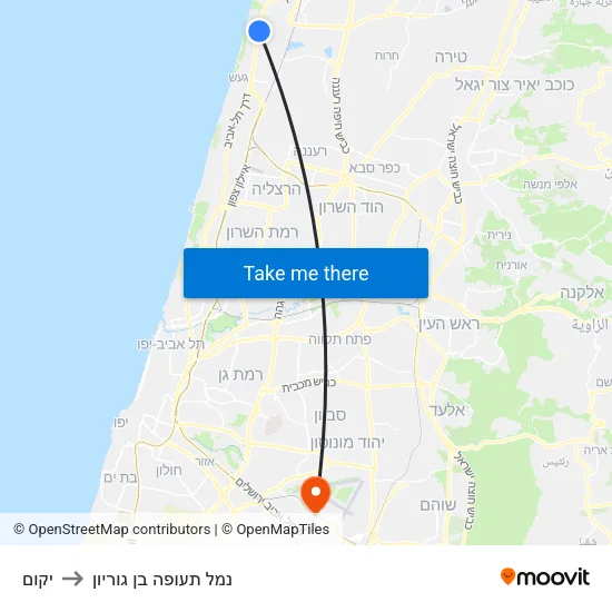 יקום to נמל תעופה בן גוריון map