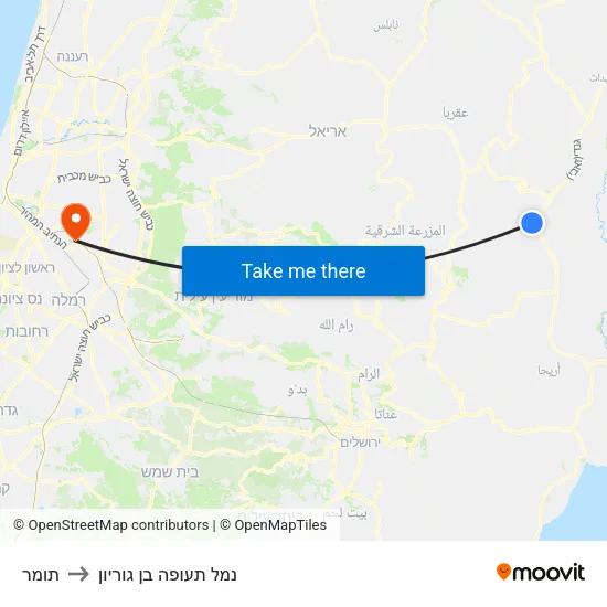 תומר to נמל תעופה בן גוריון map