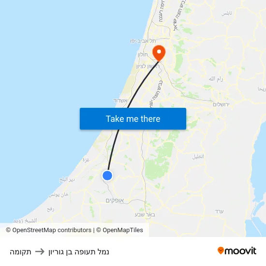 תקומה to נמל תעופה בן גוריון map