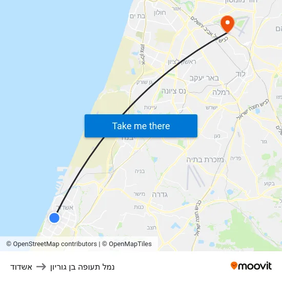 אשדוד to נמל תעופה בן גוריון map