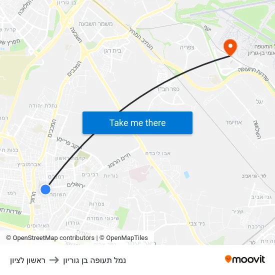 ראשון לציון to נמל תעופה בן גוריון map