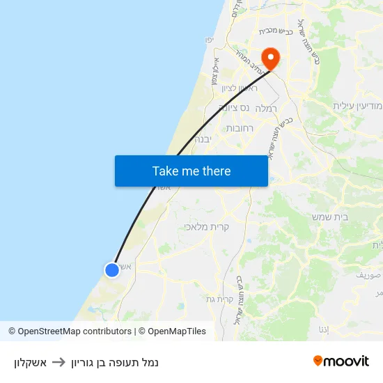 אשקלון to נמל תעופה בן גוריון map