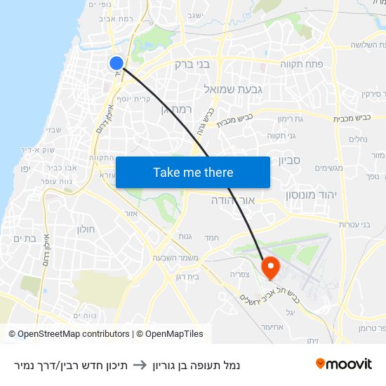 תיכון חדש רבין/דרך נמיר to נמל תעופה בן גוריון map