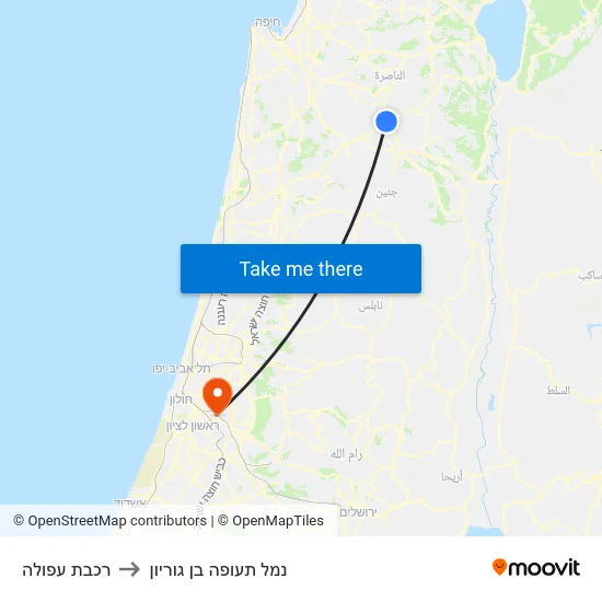 רכבת עפולה to נמל תעופה בן גוריון map