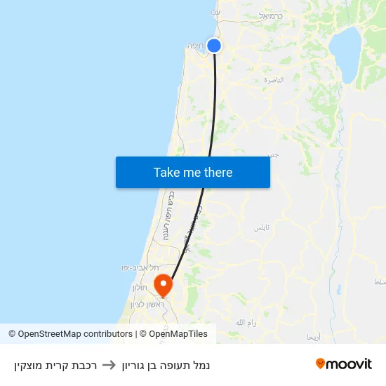 רכבת קרית מוצקין to נמל תעופה בן גוריון map