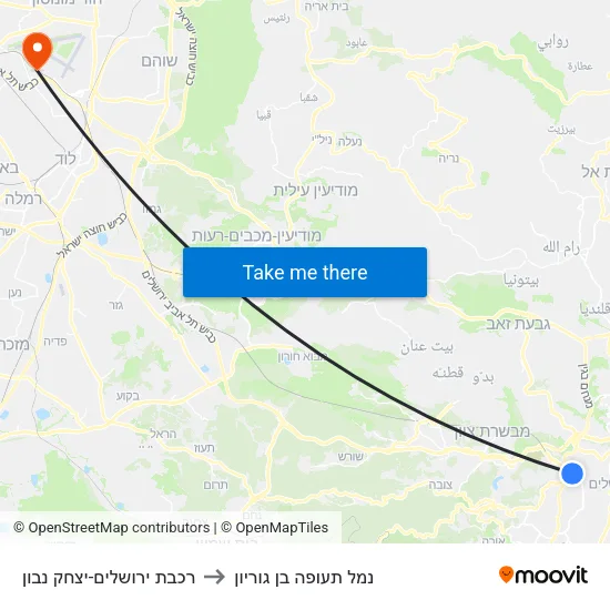 רכבת ירושלים-יצחק נבון to נמל תעופה בן גוריון map