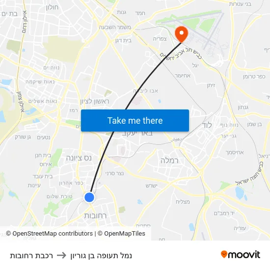 רכבת רחובות to נמל תעופה בן גוריון map