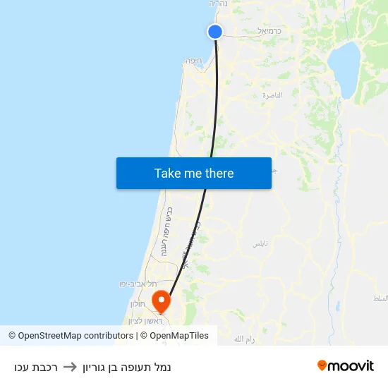 רכבת עכו to נמל תעופה בן גוריון map