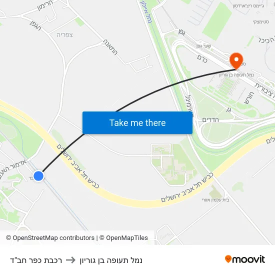רכבת כפר חב"ד to נמל תעופה בן גוריון map