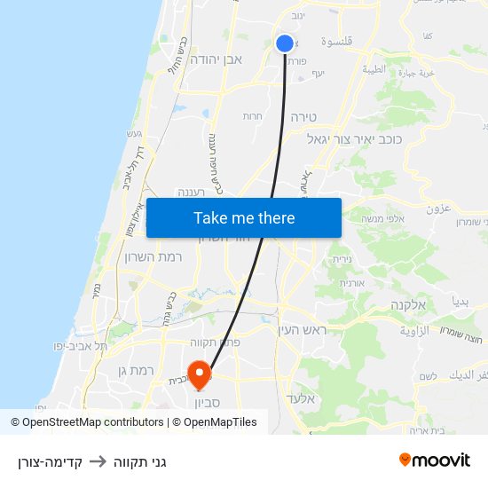 קדימה-צורן to גני תקווה map
