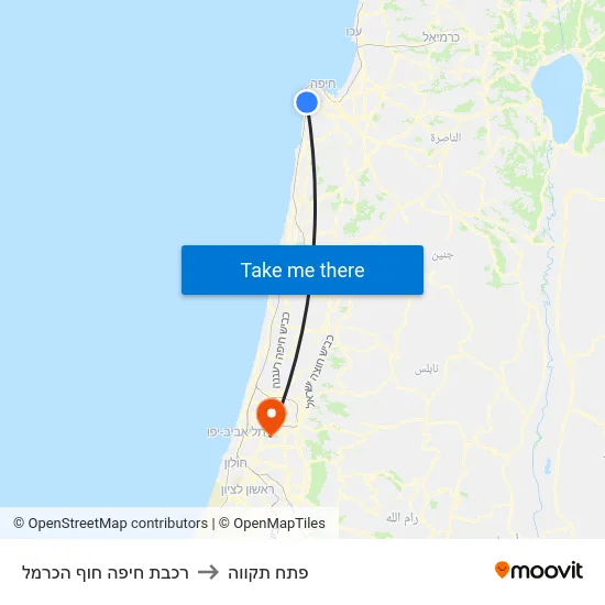 רכבת חיפה חוף הכרמל to פתח תקווה map