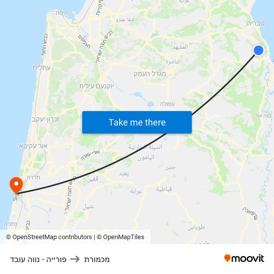 פורייה - נווה עובד to מכמורת map