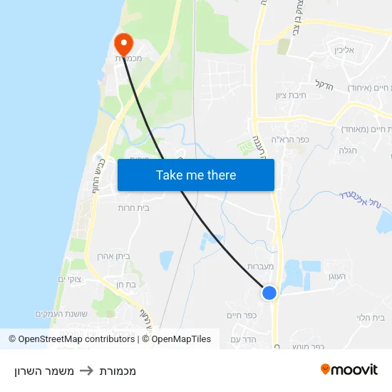 משמר השרון to מכמורת map