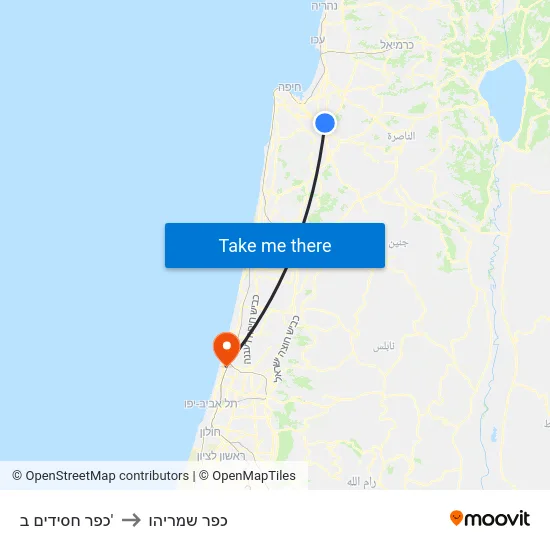 כפר חסידים ב' to כפר שמריהו map