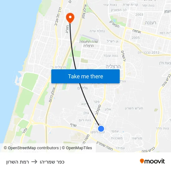 רמת השרון to כפר שמריהו map