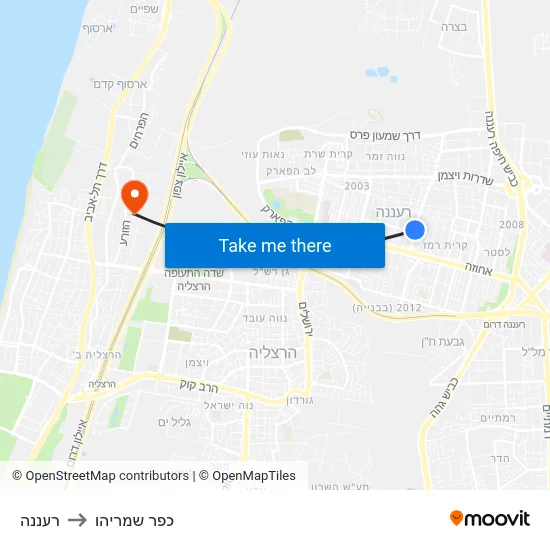 רעננה to כפר שמריהו map