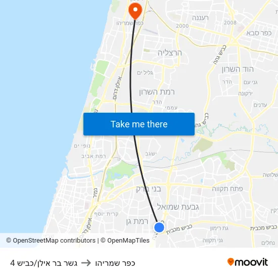 גשר בר אילן/כביש 4 to כפר שמריהו map