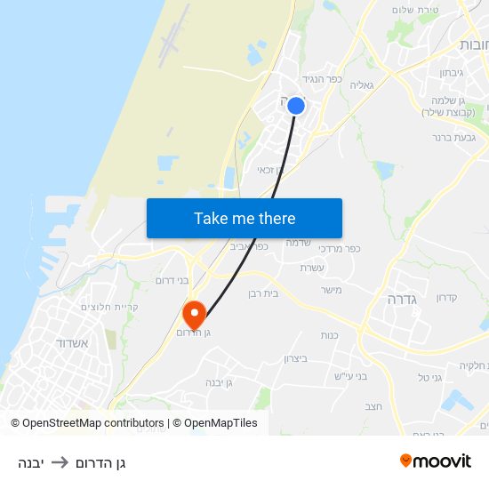 יבנה to גן הדרום map