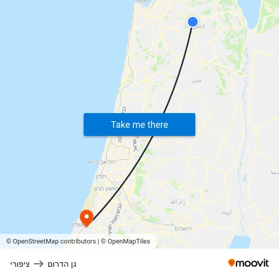 ציפורי to גן הדרום map