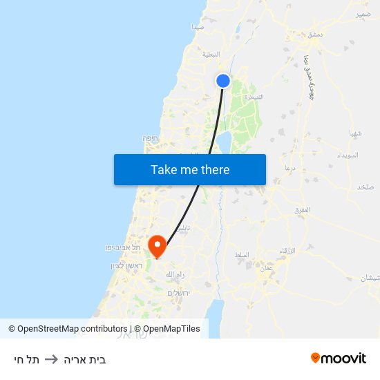 תל חי to בית אריה map