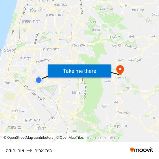 אור יהודה to בית אריה map